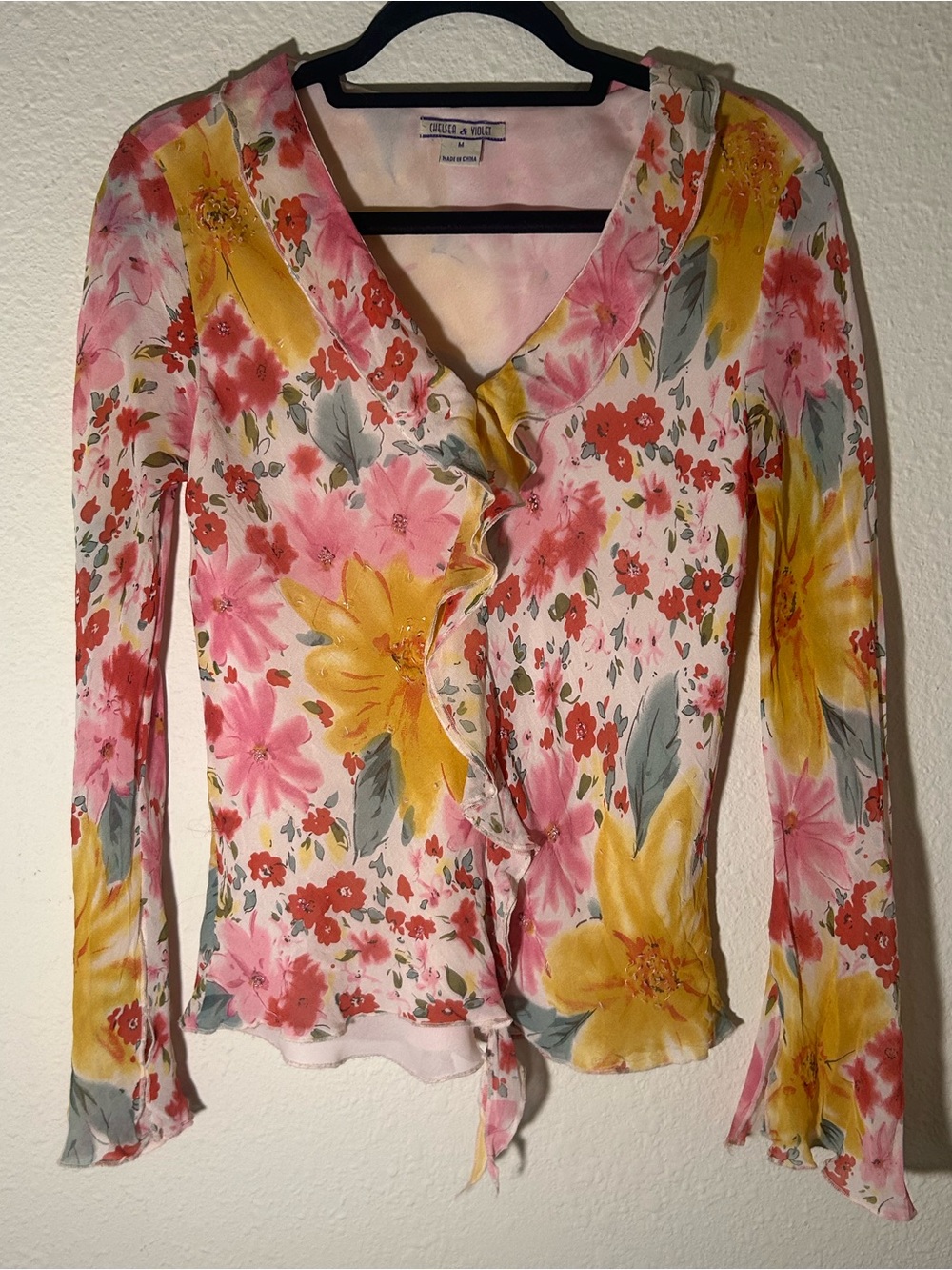 Vintage Beaded Silk Chelsea & Violet Pink, Yellow & Green Floral Ruffle Blouse